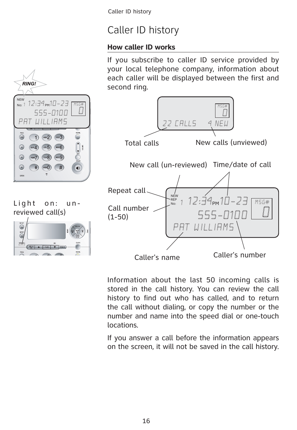 Caller id history, Pat williams | AT&T 1856  Speakerphone User Manual | Page 19 / 50