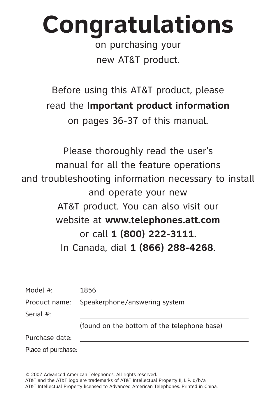 AT&T 1856  Speakerphone User Manual | Page 2 / 50