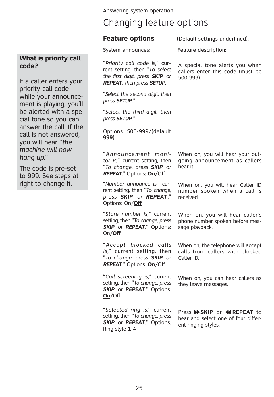Changing feature options, Feature options | AT&T 1856  Speakerphone User Manual | Page 28 / 50