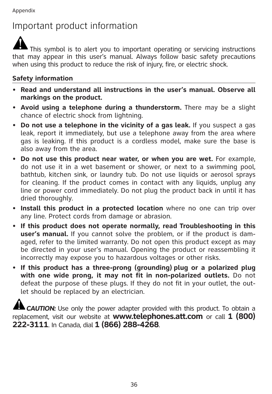 Important product information | AT&T 1856  Speakerphone User Manual | Page 39 / 50