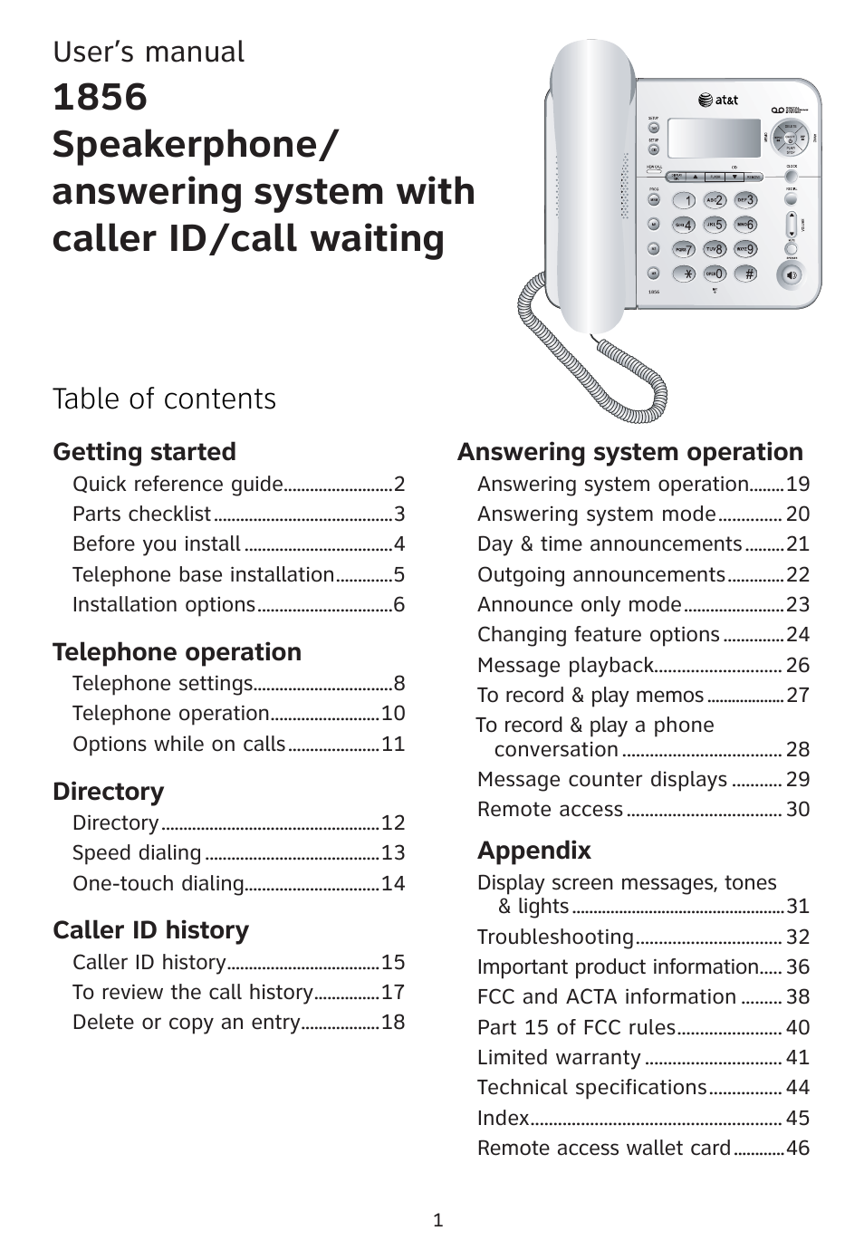 Table of contents user’s manual | AT&T 1856  Speakerphone User Manual | Page 4 / 50