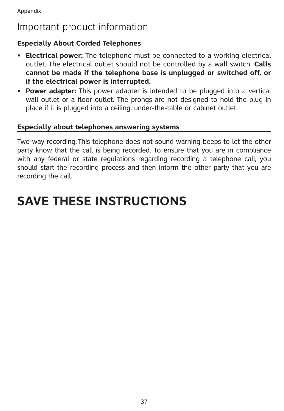 Save these instructions, Important product information | AT&T 1856  Speakerphone User Manual | Page 40 / 50