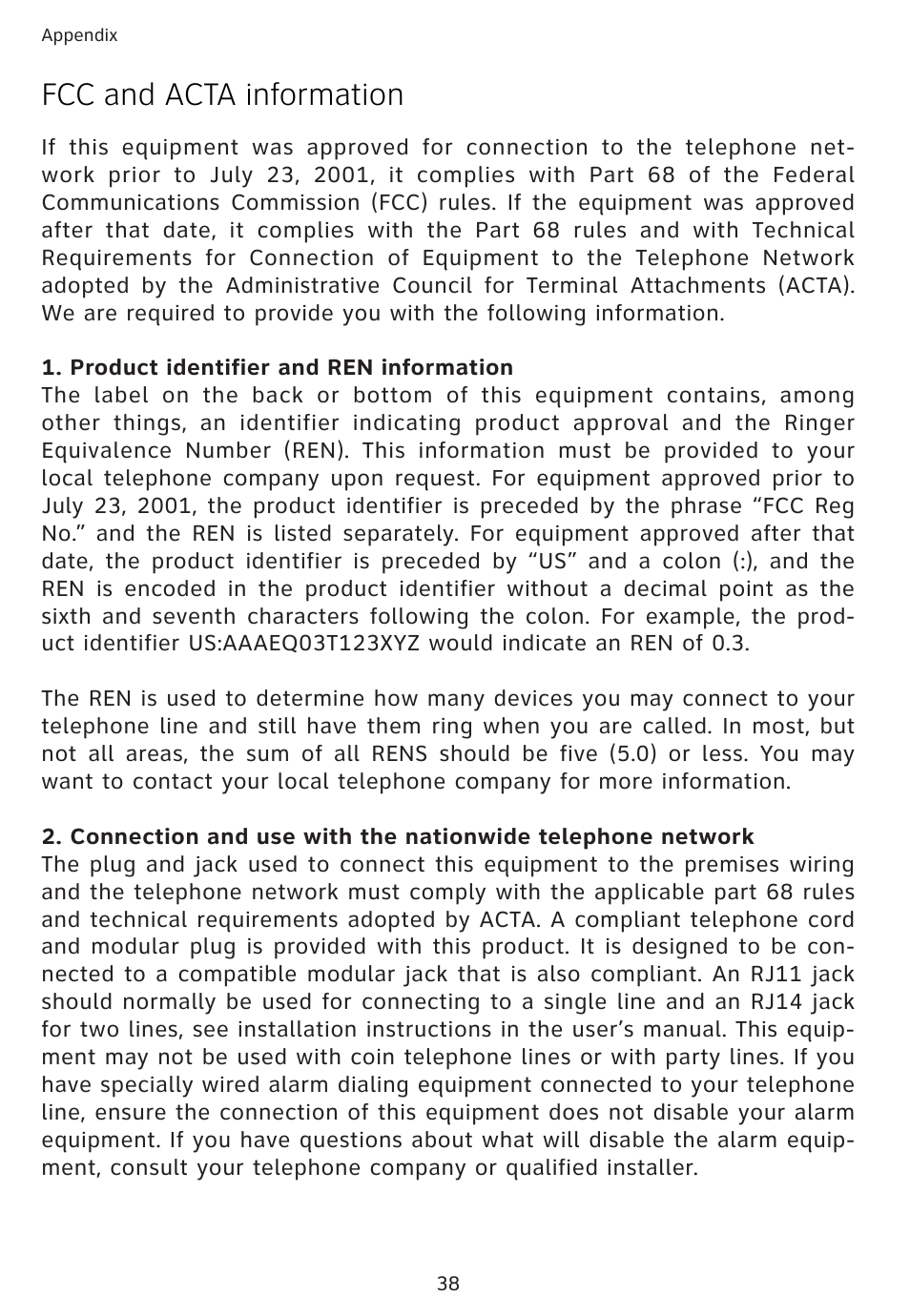 Fcc and acta information | AT&T 1856  Speakerphone User Manual | Page 41 / 50