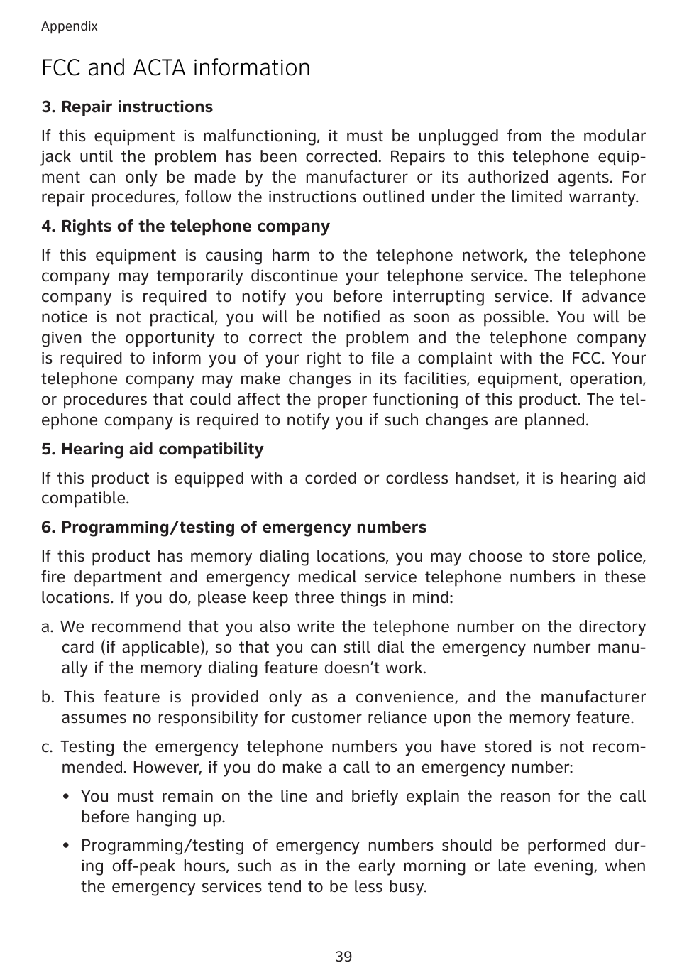 Fcc and acta information | AT&T 1856  Speakerphone User Manual | Page 42 / 50