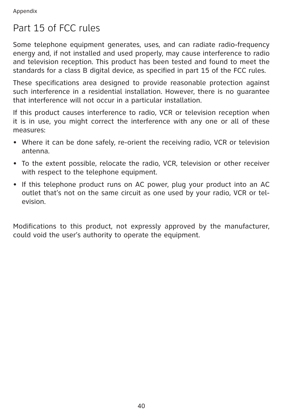 Part 15 of fcc rules | AT&T 1856  Speakerphone User Manual | Page 43 / 50