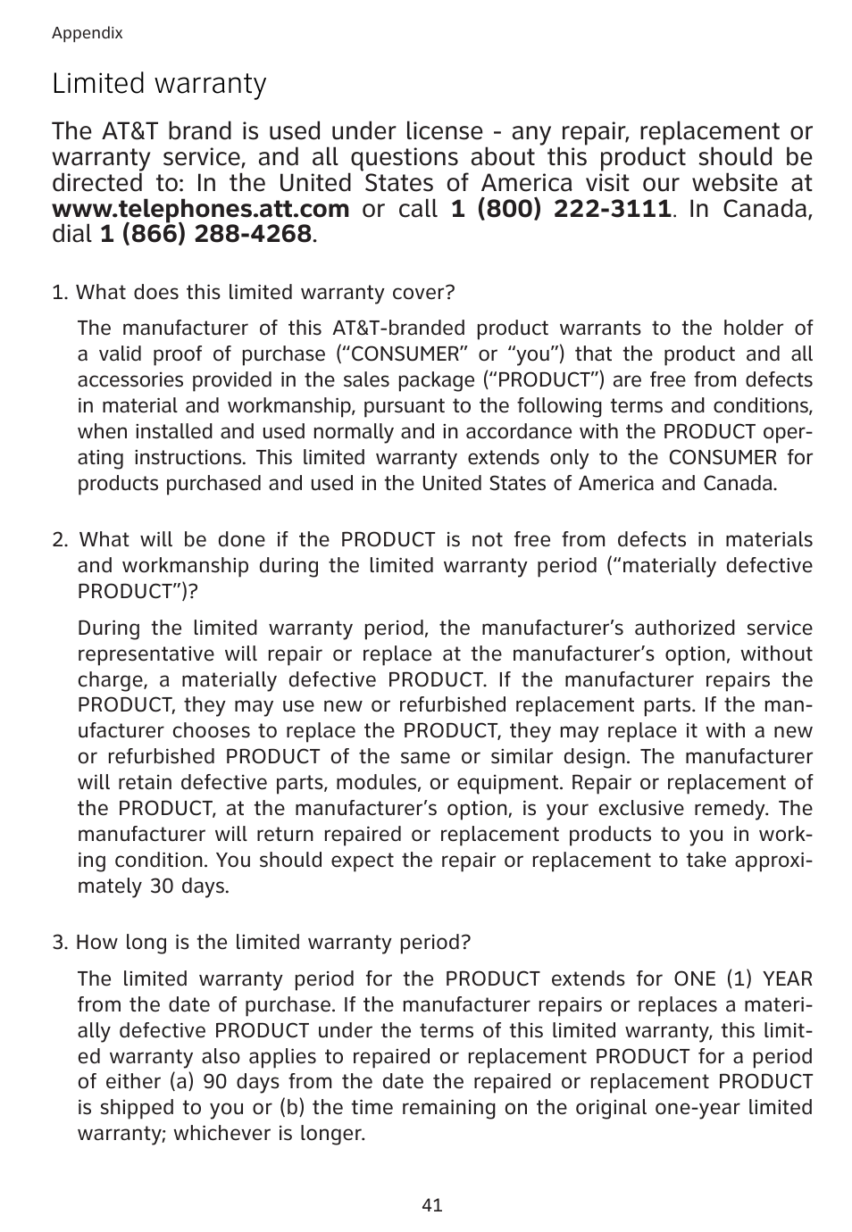 Limited warranty | AT&T 1856  Speakerphone User Manual | Page 44 / 50