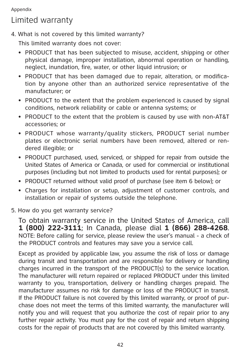 Limited warranty | AT&T 1856  Speakerphone User Manual | Page 45 / 50