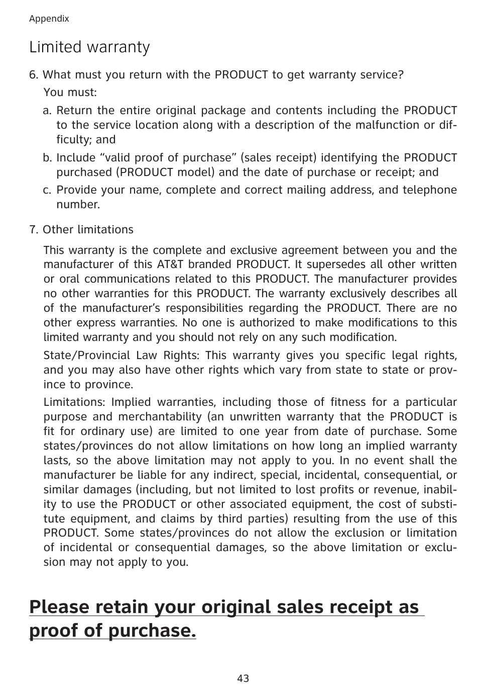 Limited warranty | AT&T 1856  Speakerphone User Manual | Page 46 / 50