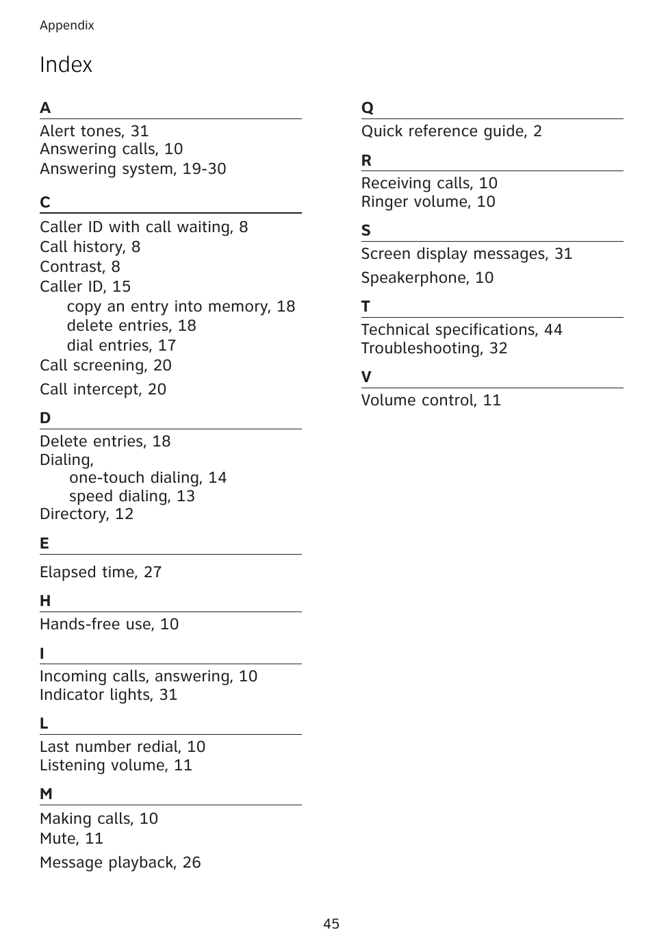 Index | AT&T 1856  Speakerphone User Manual | Page 48 / 50