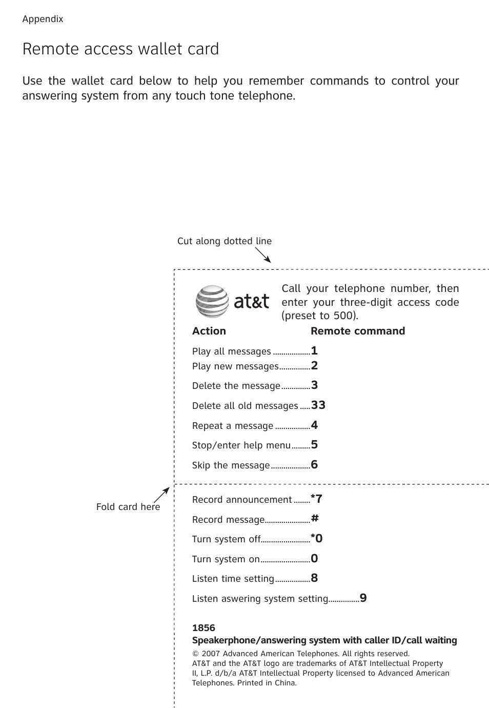 Remote access wallet card | AT&T 1856  Speakerphone User Manual | Page 49 / 50