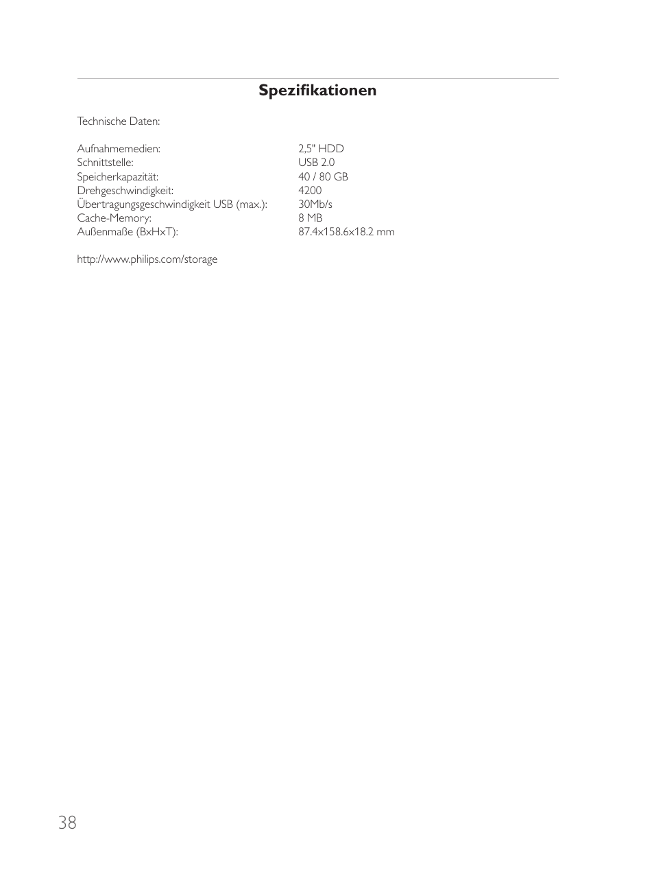 Spezifikationen | Philips Disque dur externe User Manual | Page 38 / 52