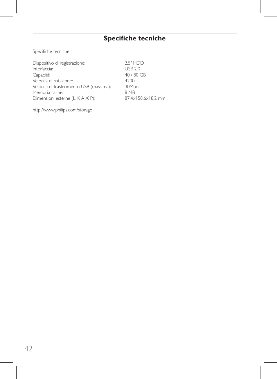 Specifiche tecniche | Philips Disque dur externe User Manual | Page 42 / 52