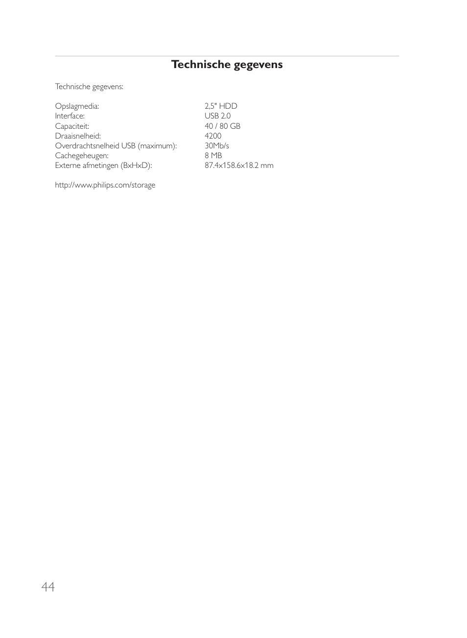 Technische gegevens | Philips Disque dur externe User Manual | Page 44 / 52