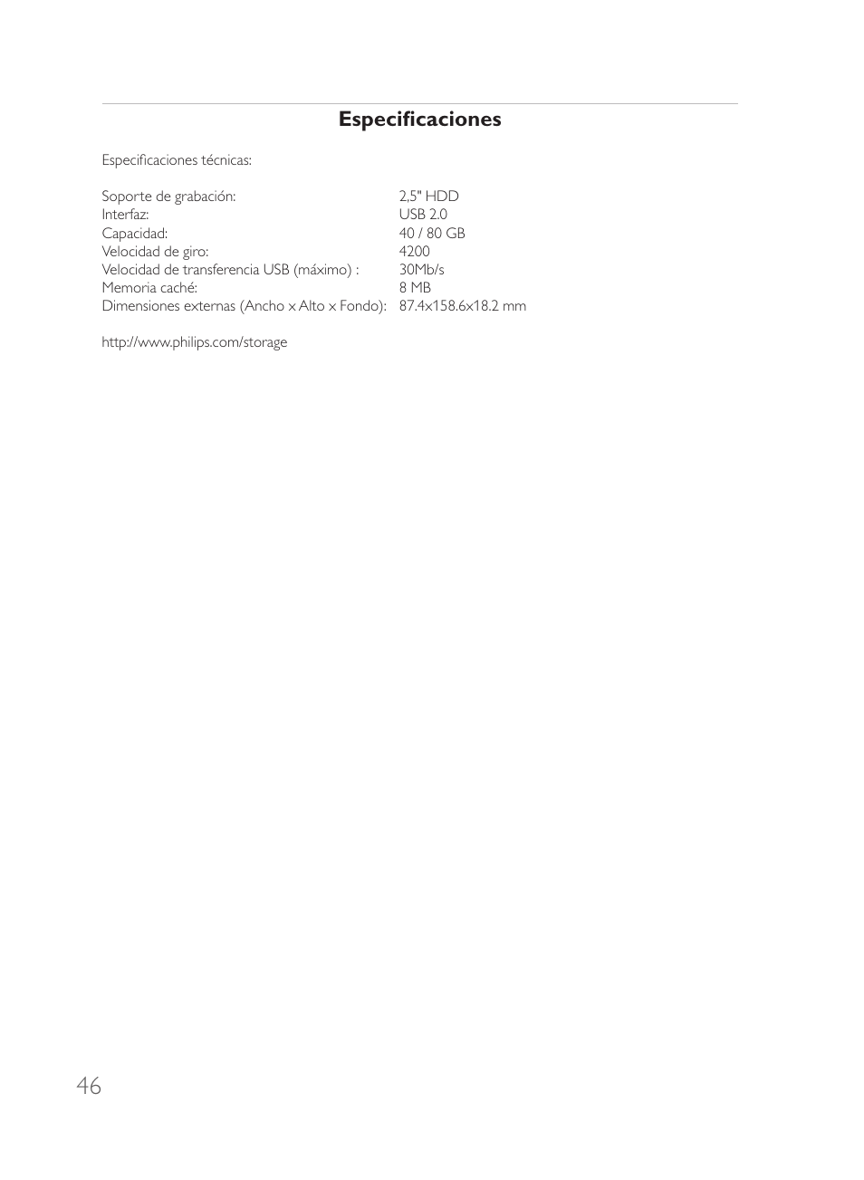 Especificaciones | Philips Disque dur externe User Manual | Page 46 / 52