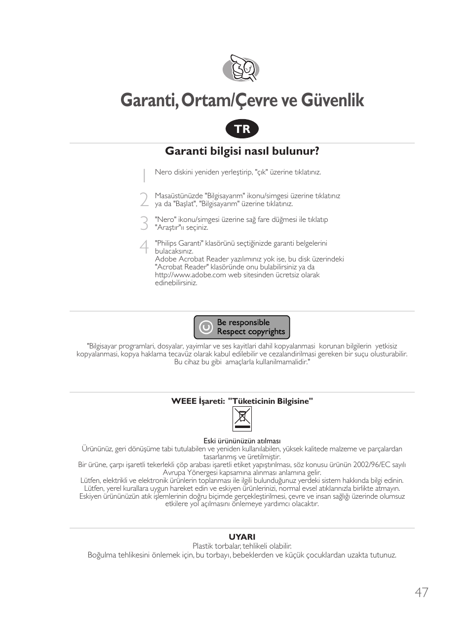 Garanti,ortam/çevre ve güvenlik | Philips Disque dur externe User Manual | Page 47 / 52