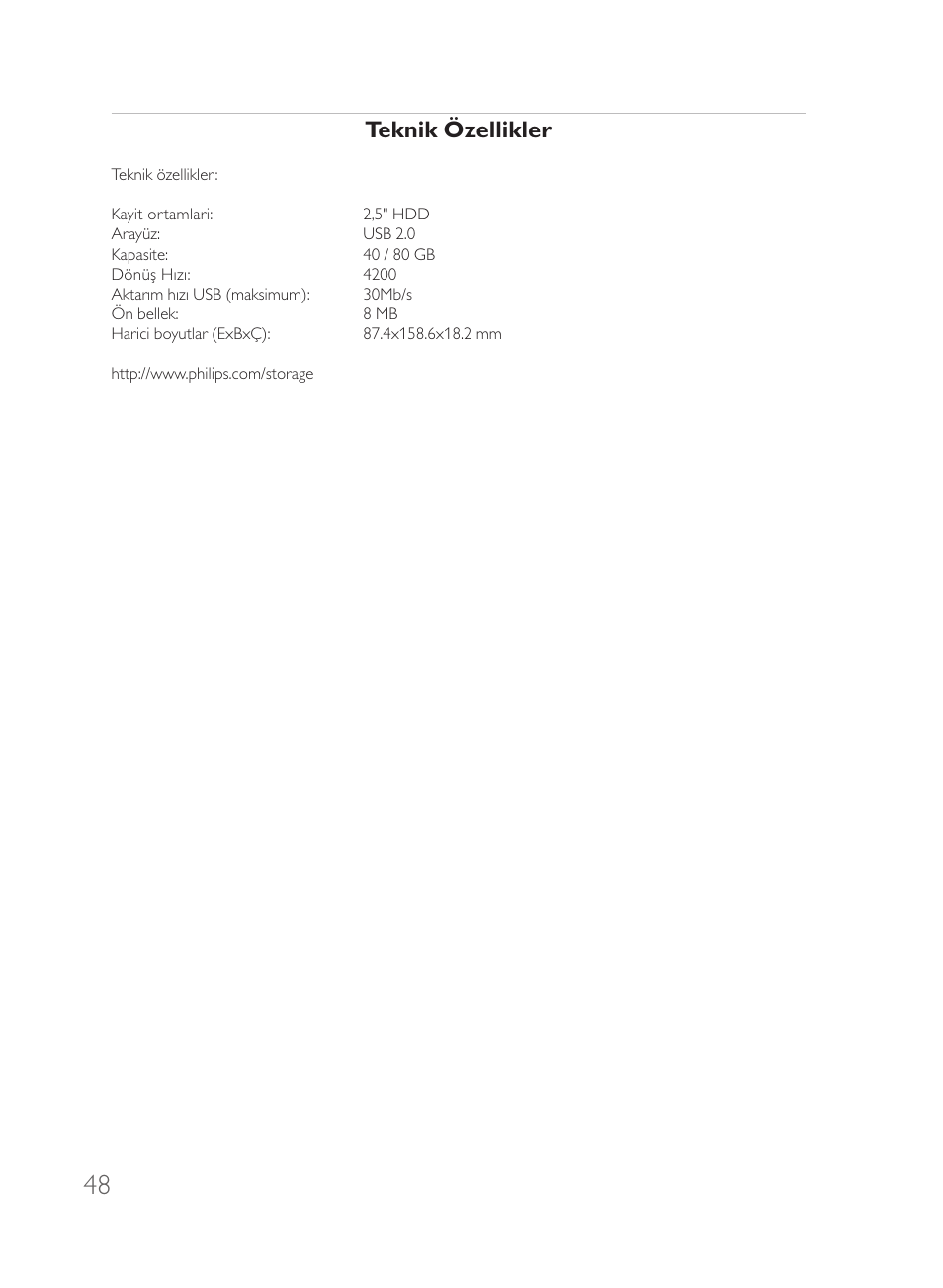 Teknik özellikler | Philips Disque dur externe User Manual | Page 48 / 52