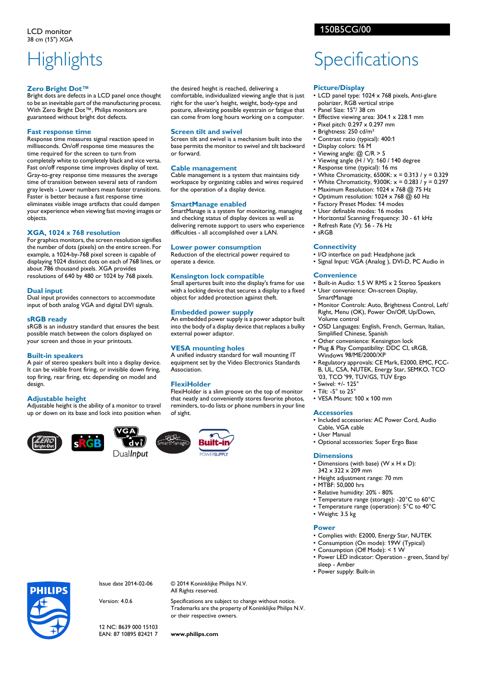 Highlights, Specifications | Philips Moniteur LCD User Manual | Page 2 / 2