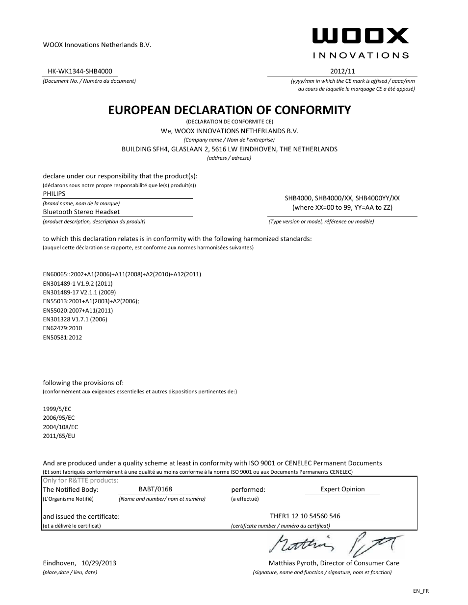 European declaration of conformity | Philips Casque stéréo Bluetooth User Manual | Page 2 / 21