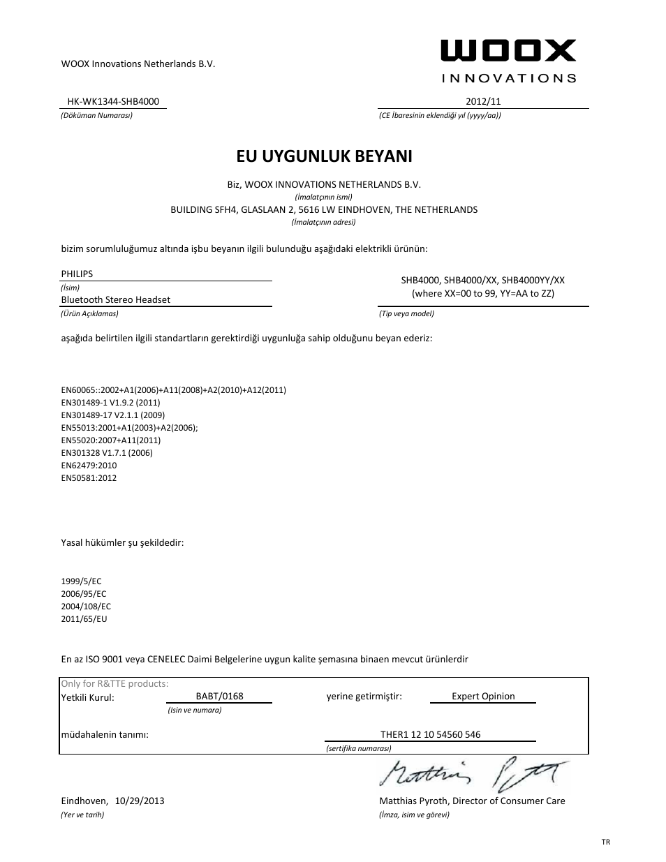 Eu uygunluk beyani | Philips Casque stéréo Bluetooth User Manual | Page 21 / 21