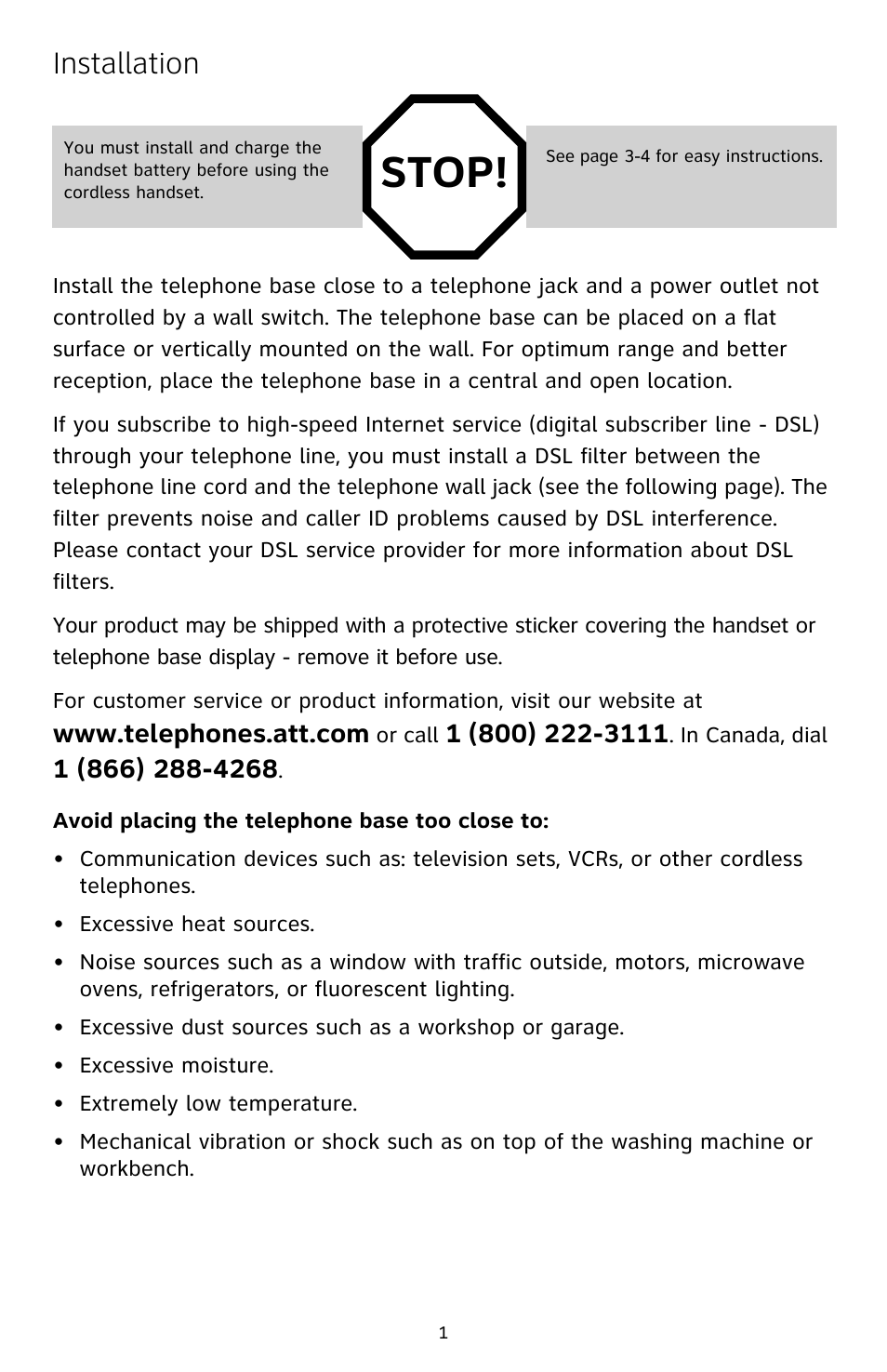 Installation, Stop | AT&T DECT CL82859 User Manual | Page 2 / 9