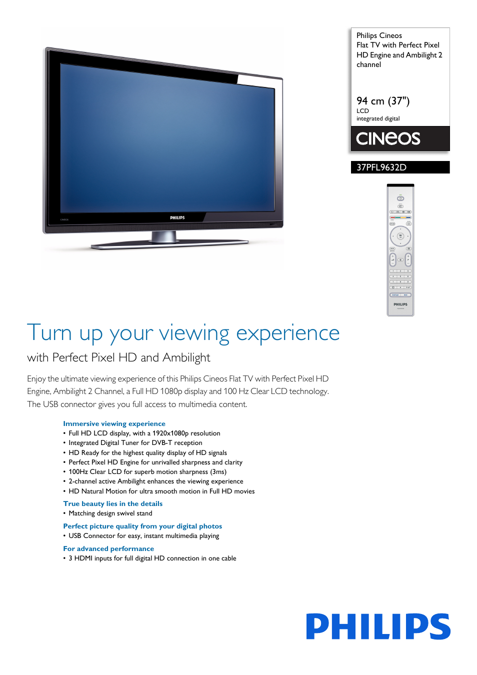 Philips Cineos Téléviseur User Manual | 3 pages