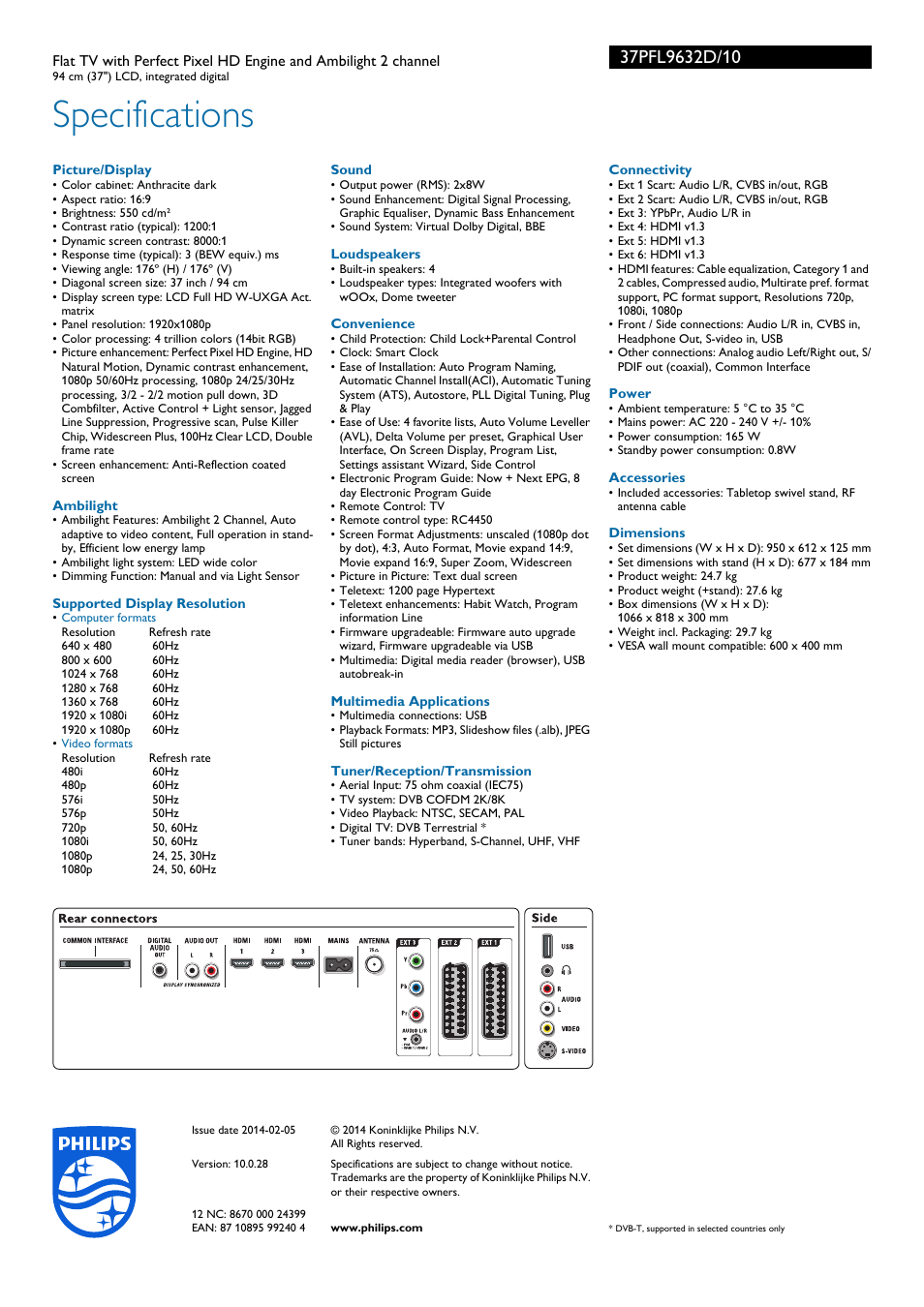 Specifications | Philips Cineos Téléviseur User Manual | Page 3 / 3