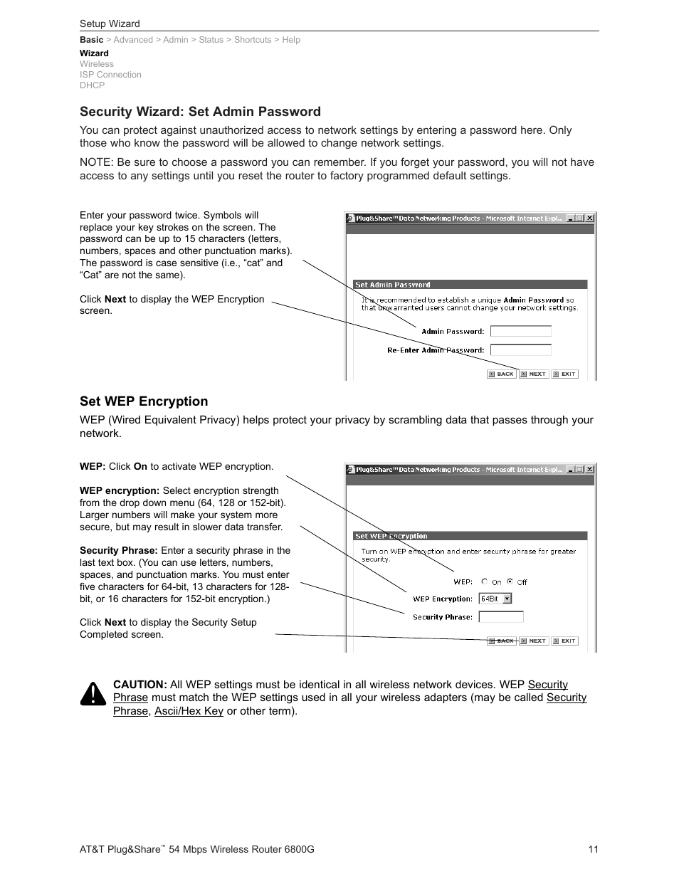 Security wizard: set admin password, Set wep encryption | AT&T Plug&Share 6800G User Manual | Page 11 / 77