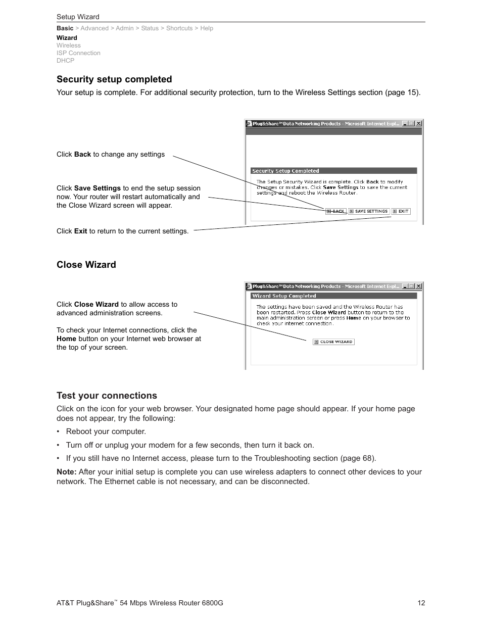 Test your connections, Security setup completed, Close wizard | AT&T Plug&Share 6800G User Manual | Page 12 / 77
