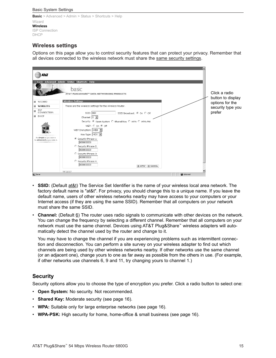Wireless settings, Security | AT&T Plug&Share 6800G User Manual | Page 15 / 77