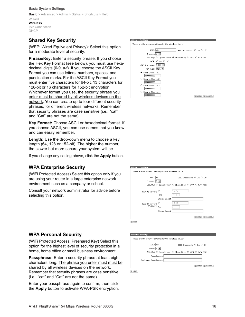Shared key security, Wpa enterprise security, Wpa personal security | AT&T Plug&Share 6800G User Manual | Page 16 / 77