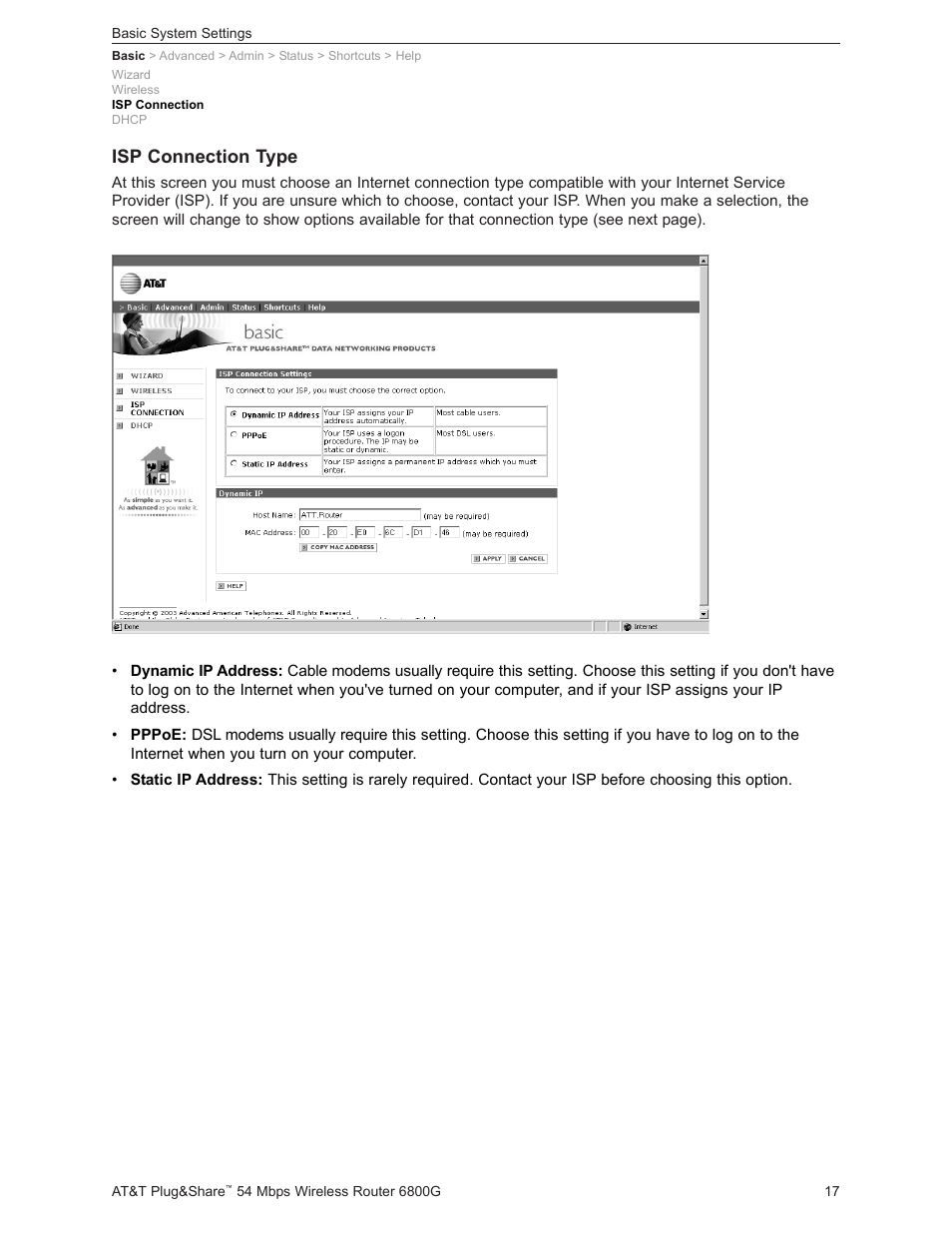 Isp connection type | AT&T Plug&Share 6800G User Manual | Page 17 / 77