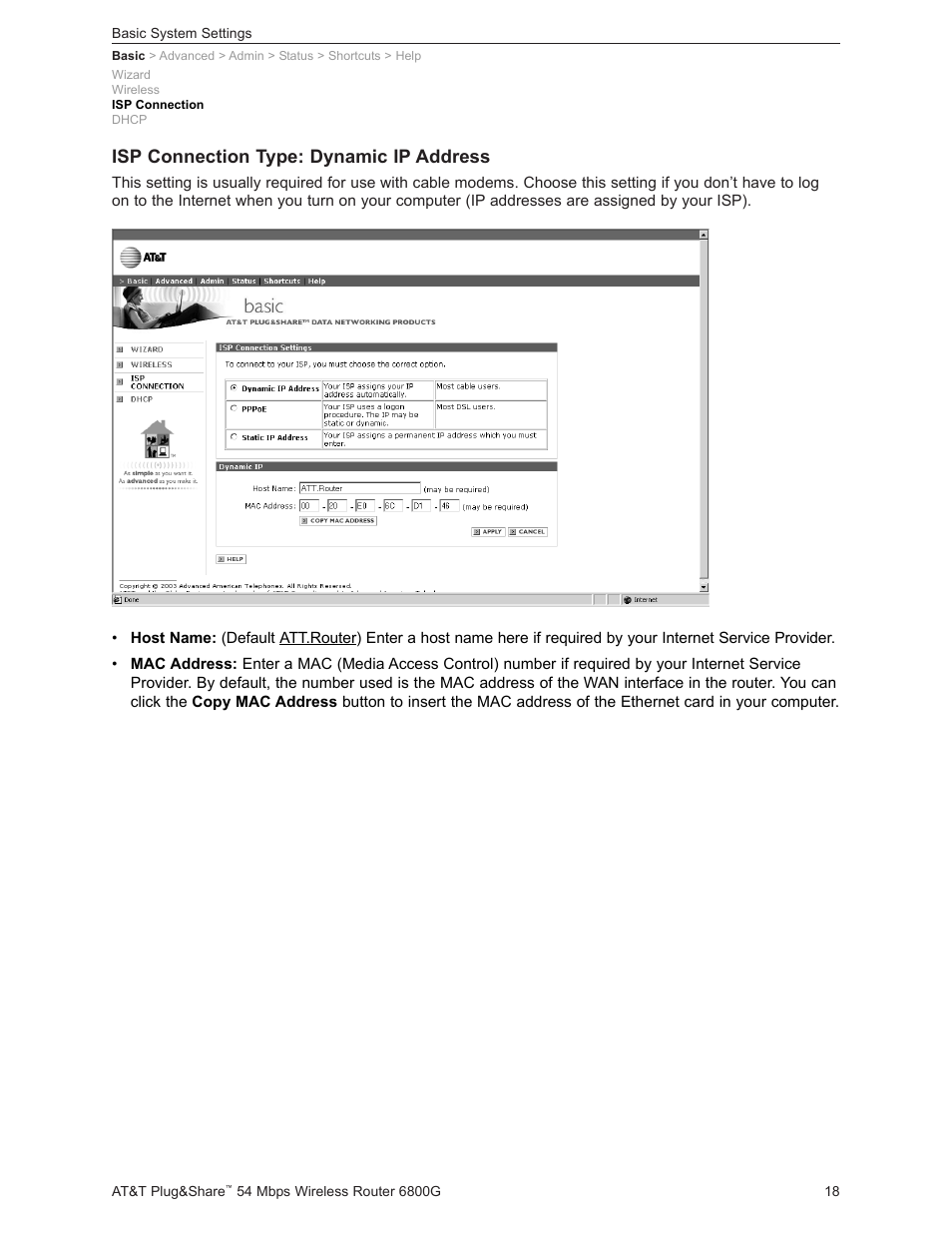 Isp connection type: dynamic ip address | AT&T Plug&Share 6800G User Manual | Page 18 / 77
