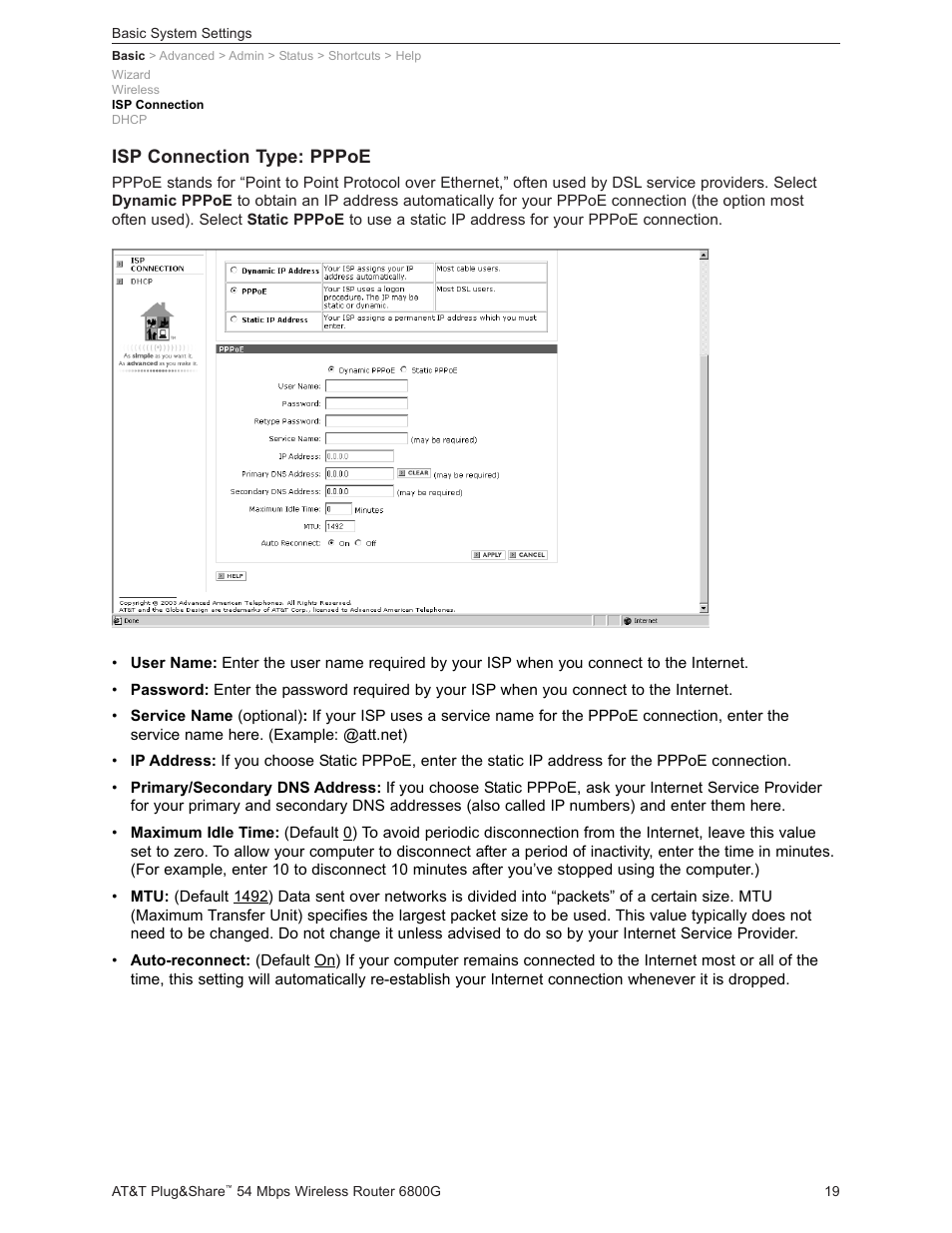 Isp connection type: pppoe | AT&T Plug&Share 6800G User Manual | Page 19 / 77