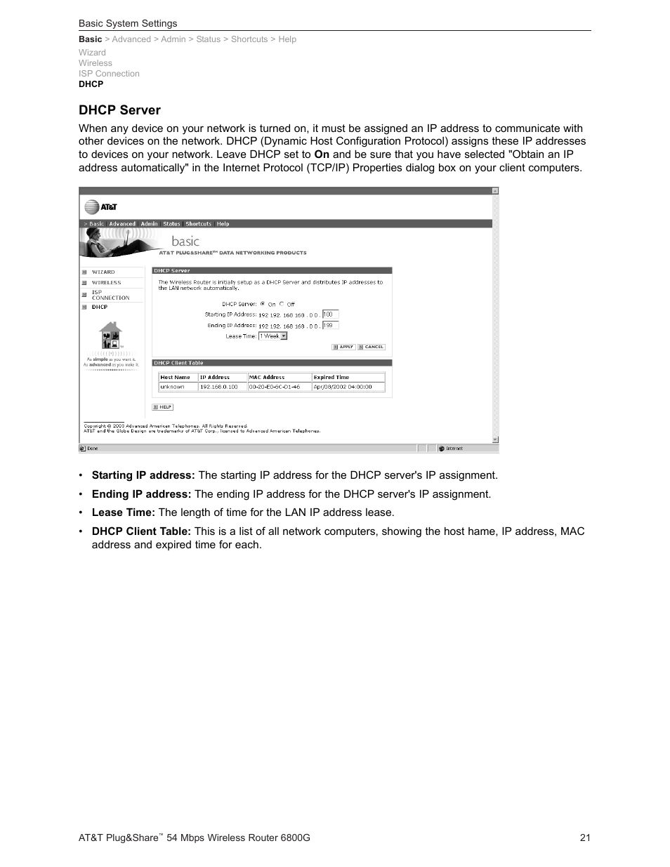 Dhcp server | AT&T Plug&Share 6800G User Manual | Page 21 / 77