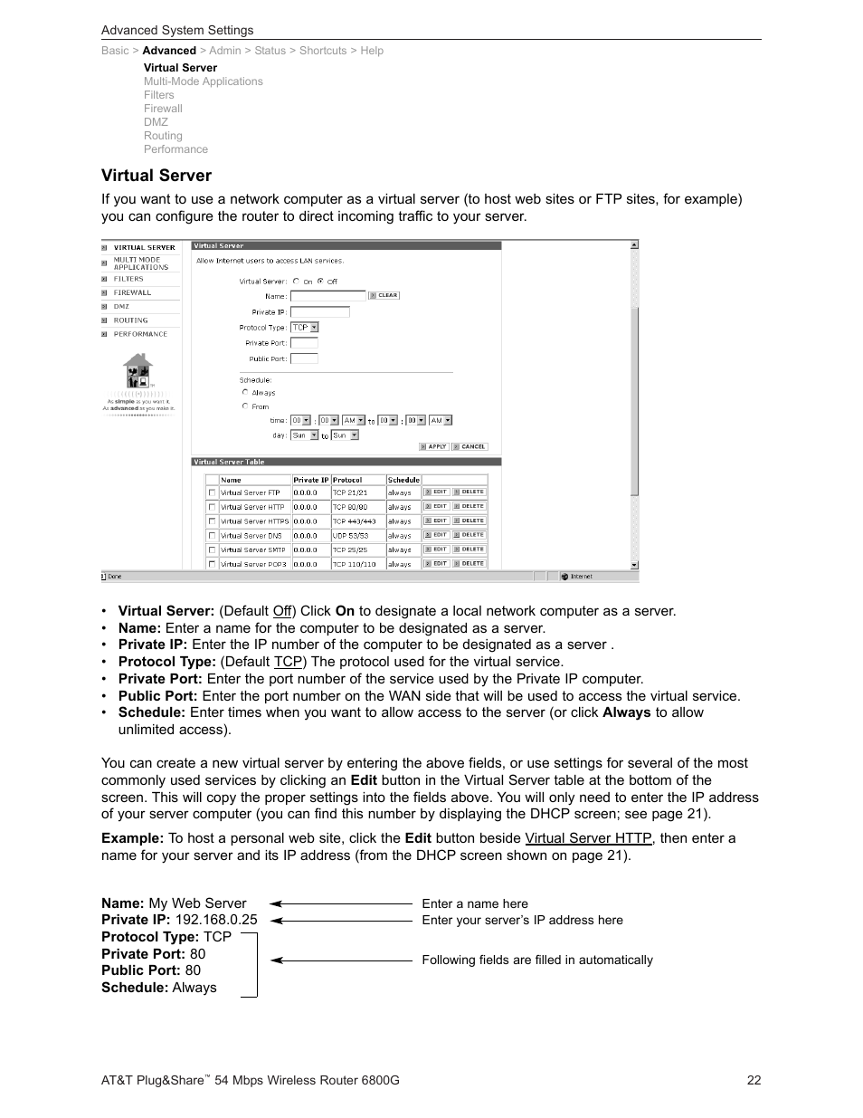 Virtual server | AT&T Plug&Share 6800G User Manual | Page 22 / 77