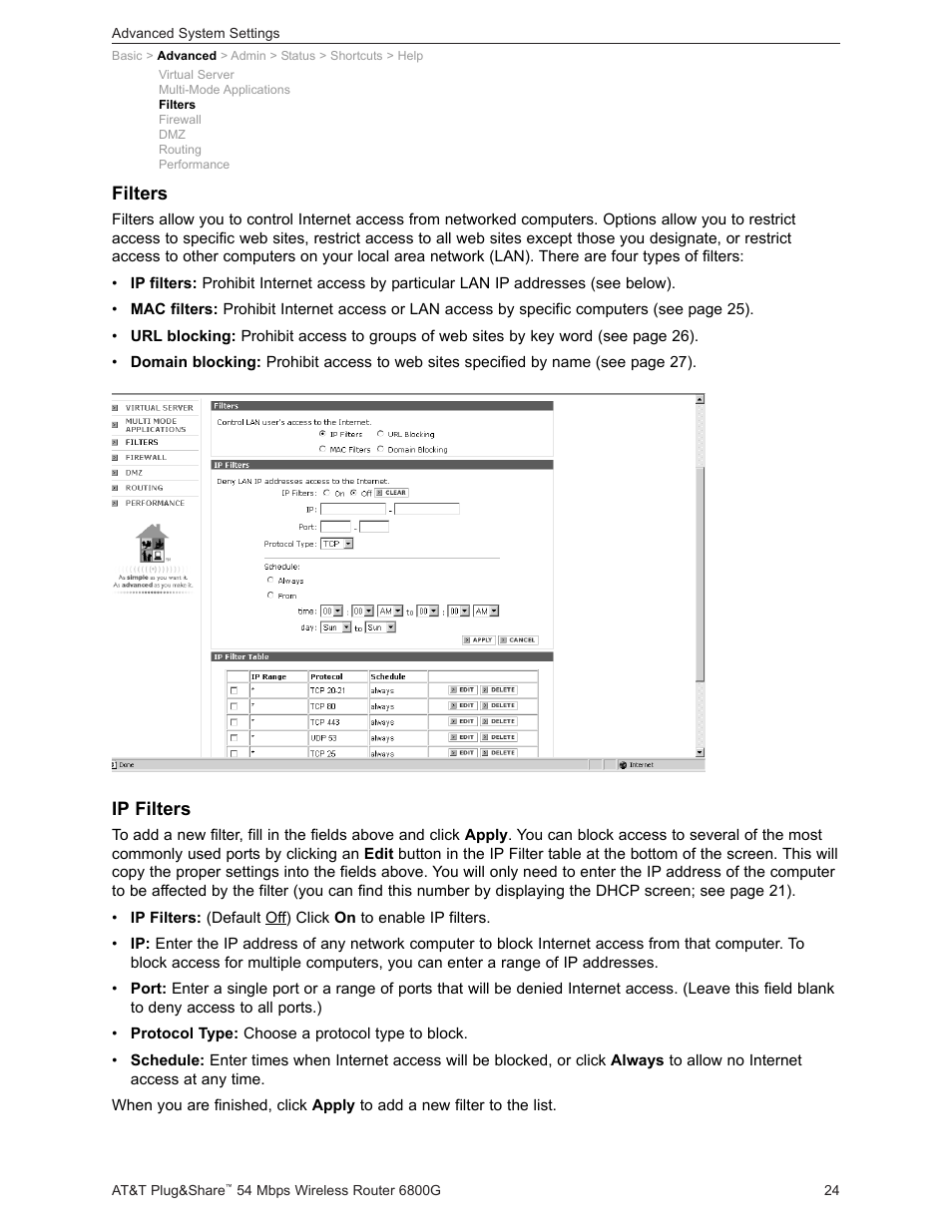 Ip filters, Filters | AT&T Plug&Share 6800G User Manual | Page 24 / 77