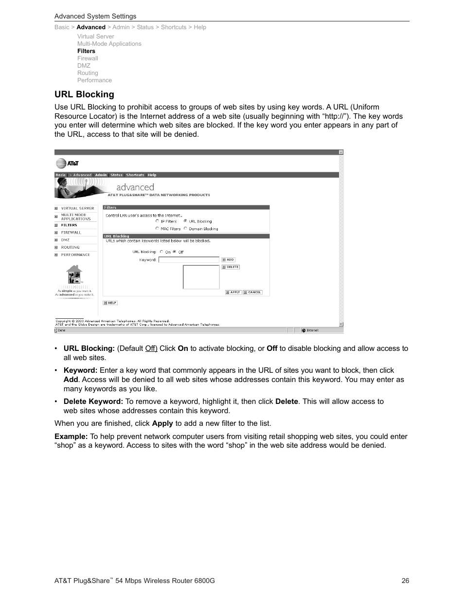 Url blocking | AT&T Plug&Share 6800G User Manual | Page 26 / 77