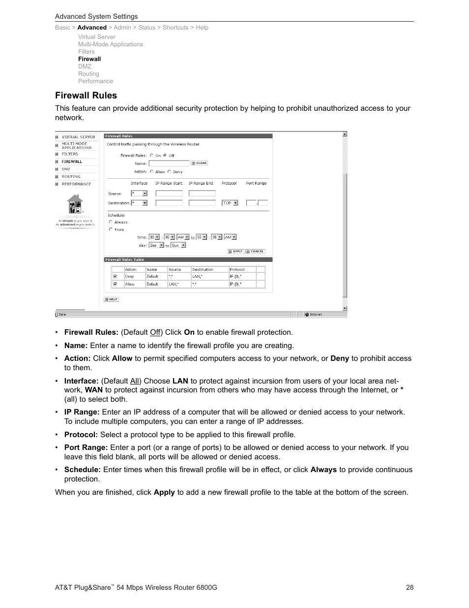 Firewall rules | AT&T Plug&Share 6800G User Manual | Page 28 / 77