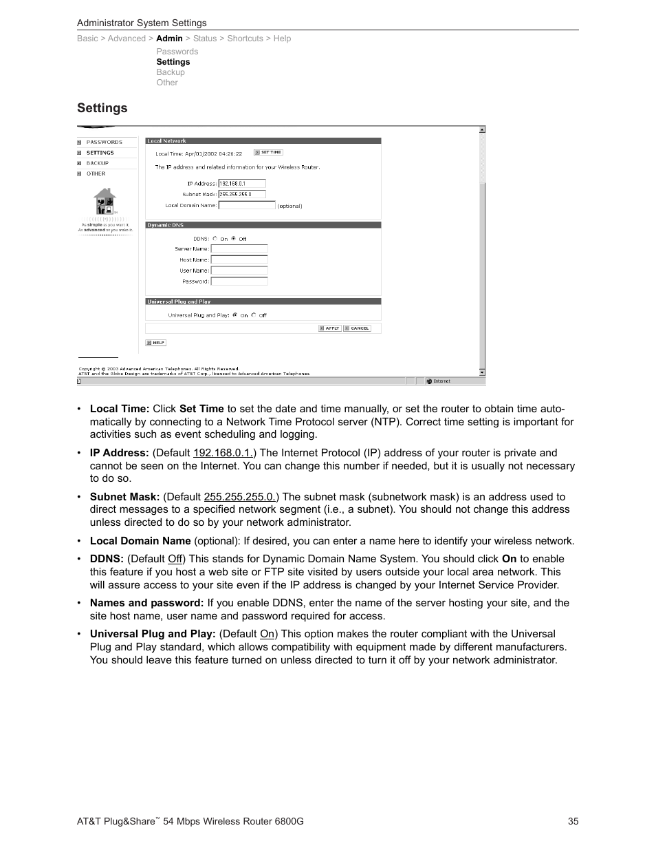 Settings | AT&T Plug&Share 6800G User Manual | Page 35 / 77