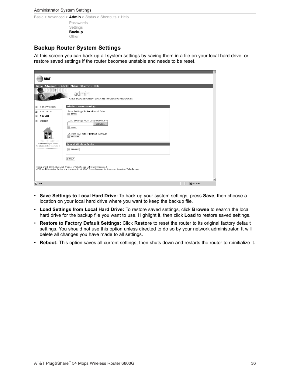 Backup router system settings | AT&T Plug&Share 6800G User Manual | Page 36 / 77