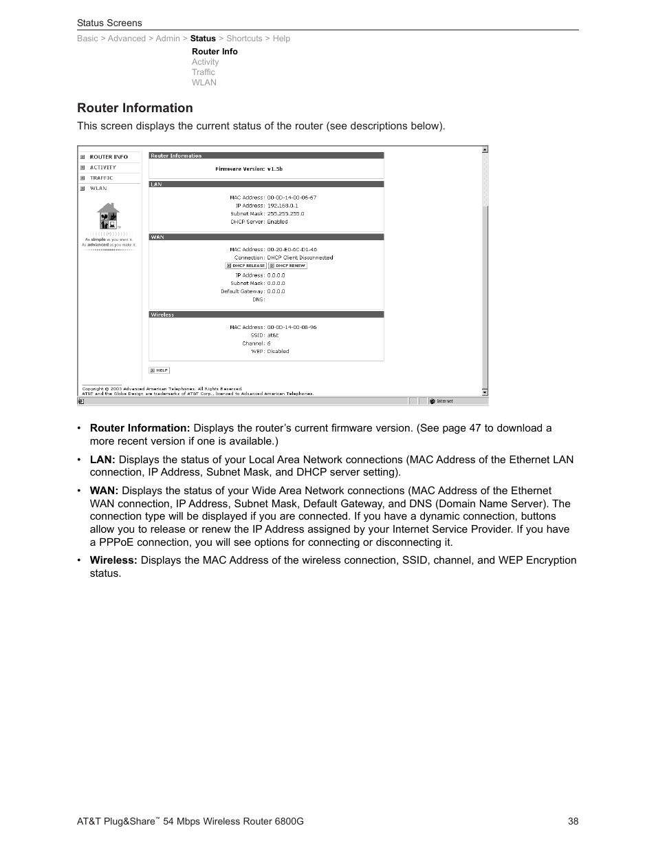 Router information | AT&T Plug&Share 6800G User Manual | Page 38 / 77