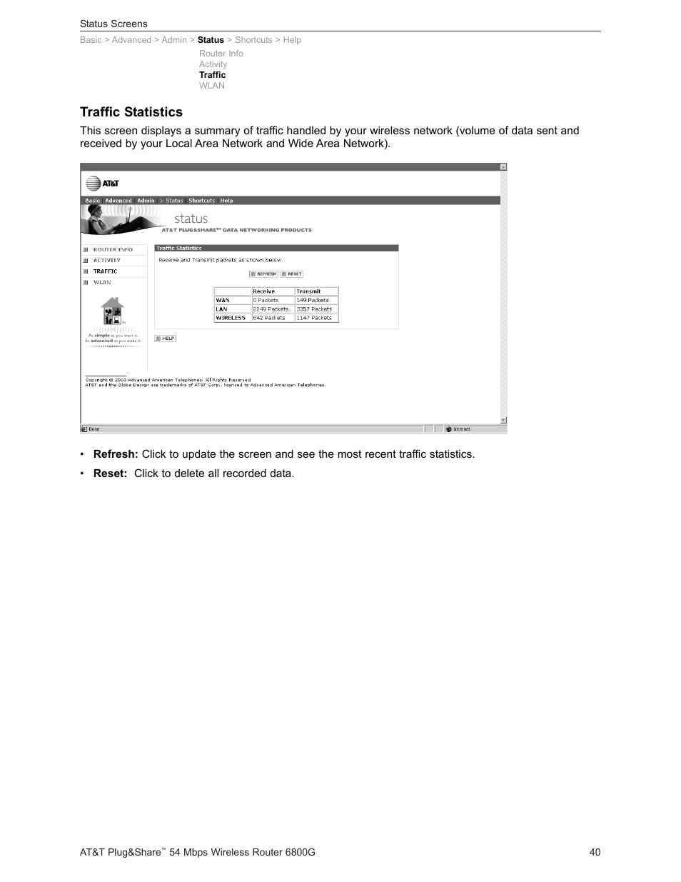 Traffic statistics | AT&T Plug&Share 6800G User Manual | Page 40 / 77