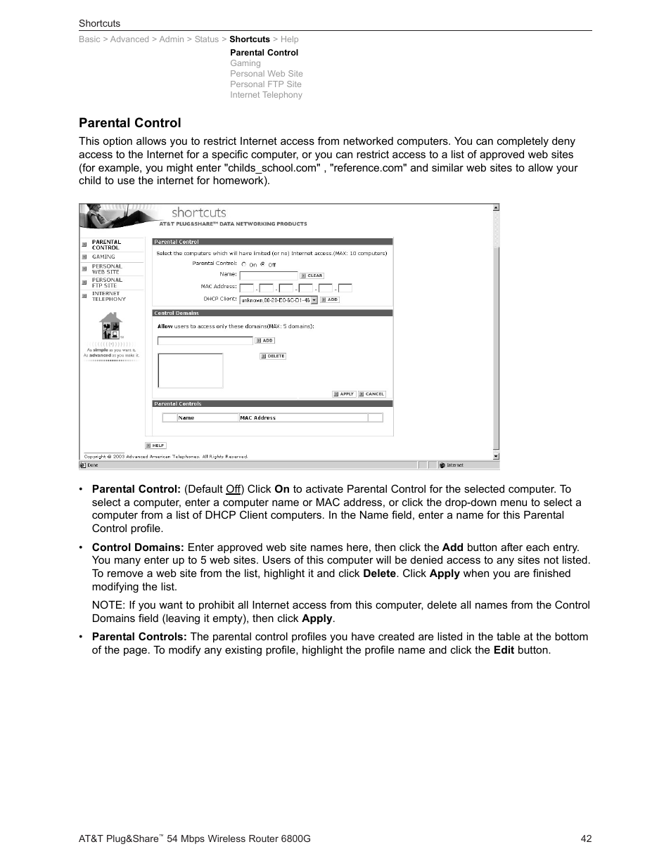 Parental control | AT&T Plug&Share 6800G User Manual | Page 42 / 77
