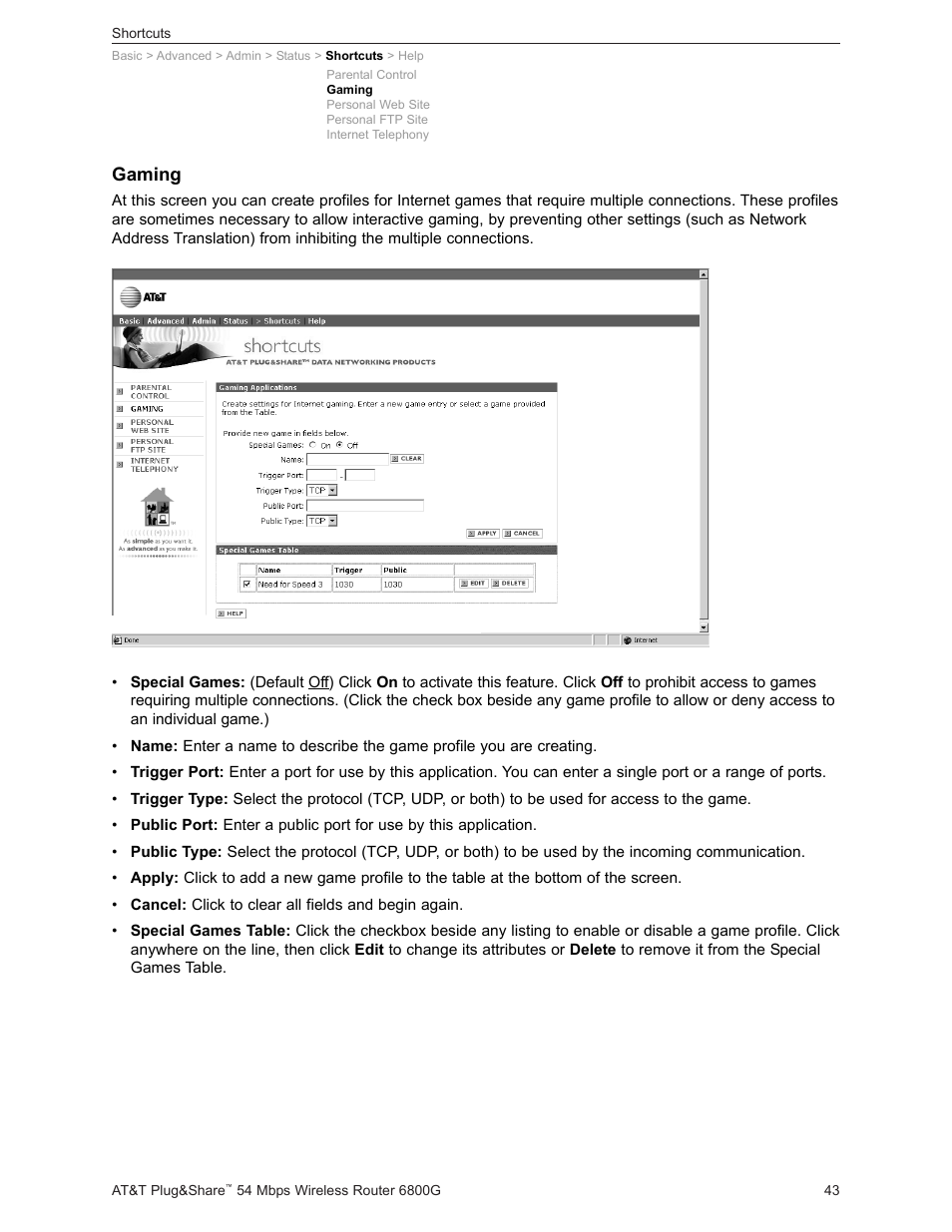 Gaming | AT&T Plug&Share 6800G User Manual | Page 43 / 77