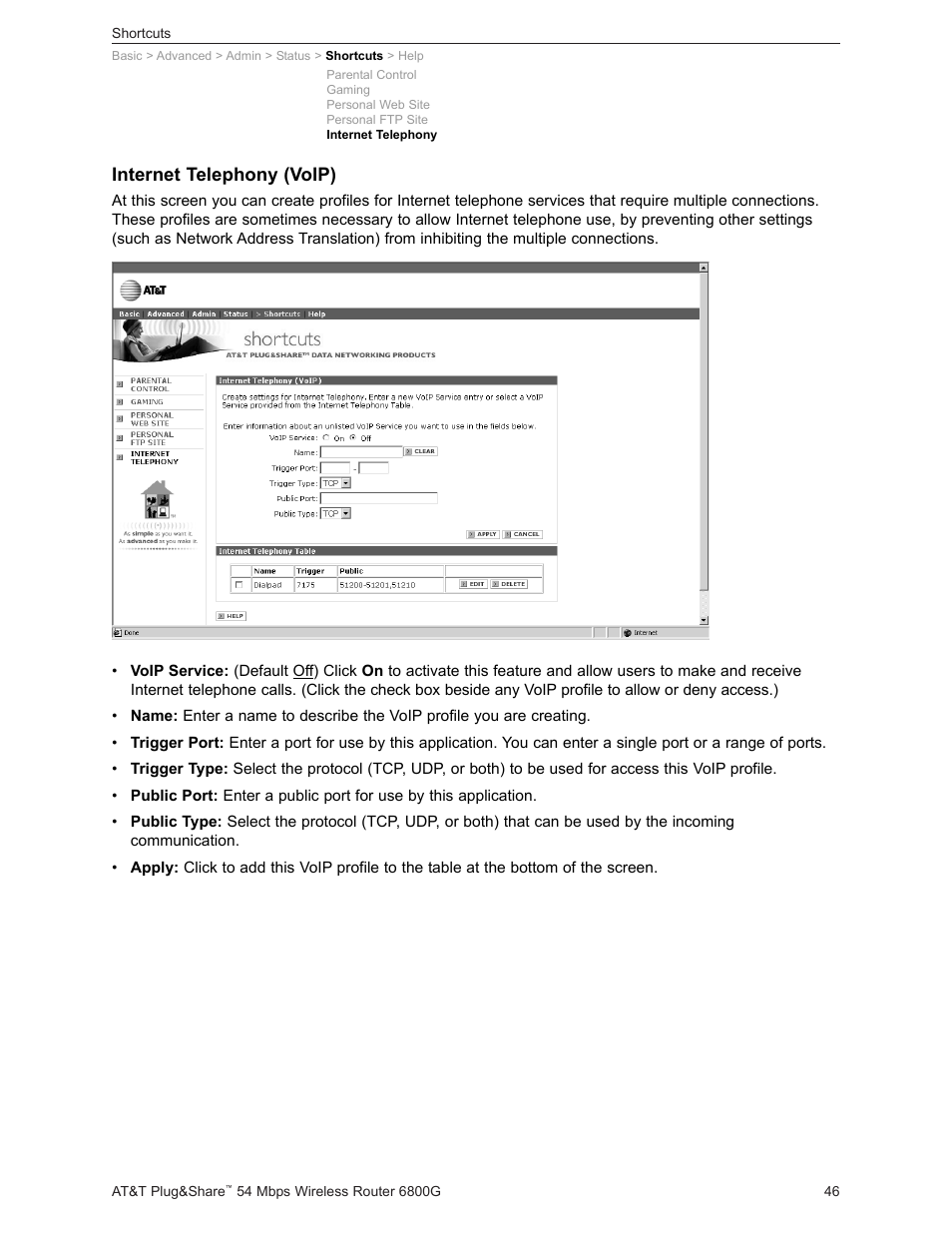 Internet telephony (voip) | AT&T Plug&Share 6800G User Manual | Page 46 / 77