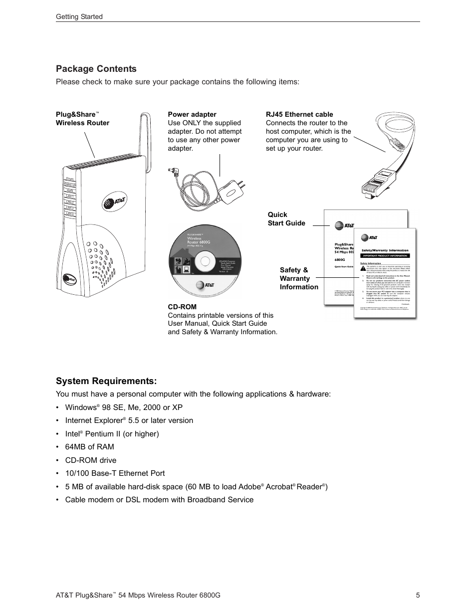 Package contents, System requirements | AT&T Plug&Share 6800G User Manual | Page 5 / 77