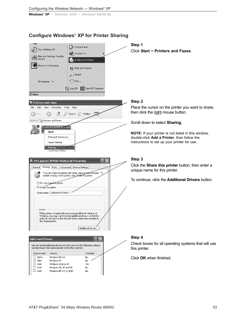 Configure windows, Xp for printer sharing | AT&T Plug&Share 6800G User Manual | Page 53 / 77