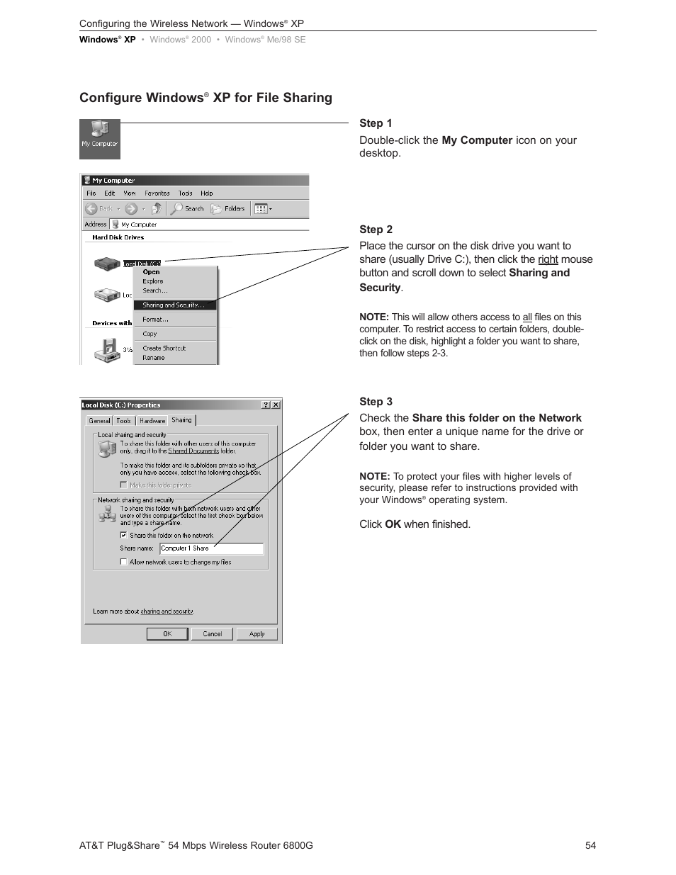 Configure windows, Xp for file sharing | AT&T Plug&Share 6800G User Manual | Page 54 / 77