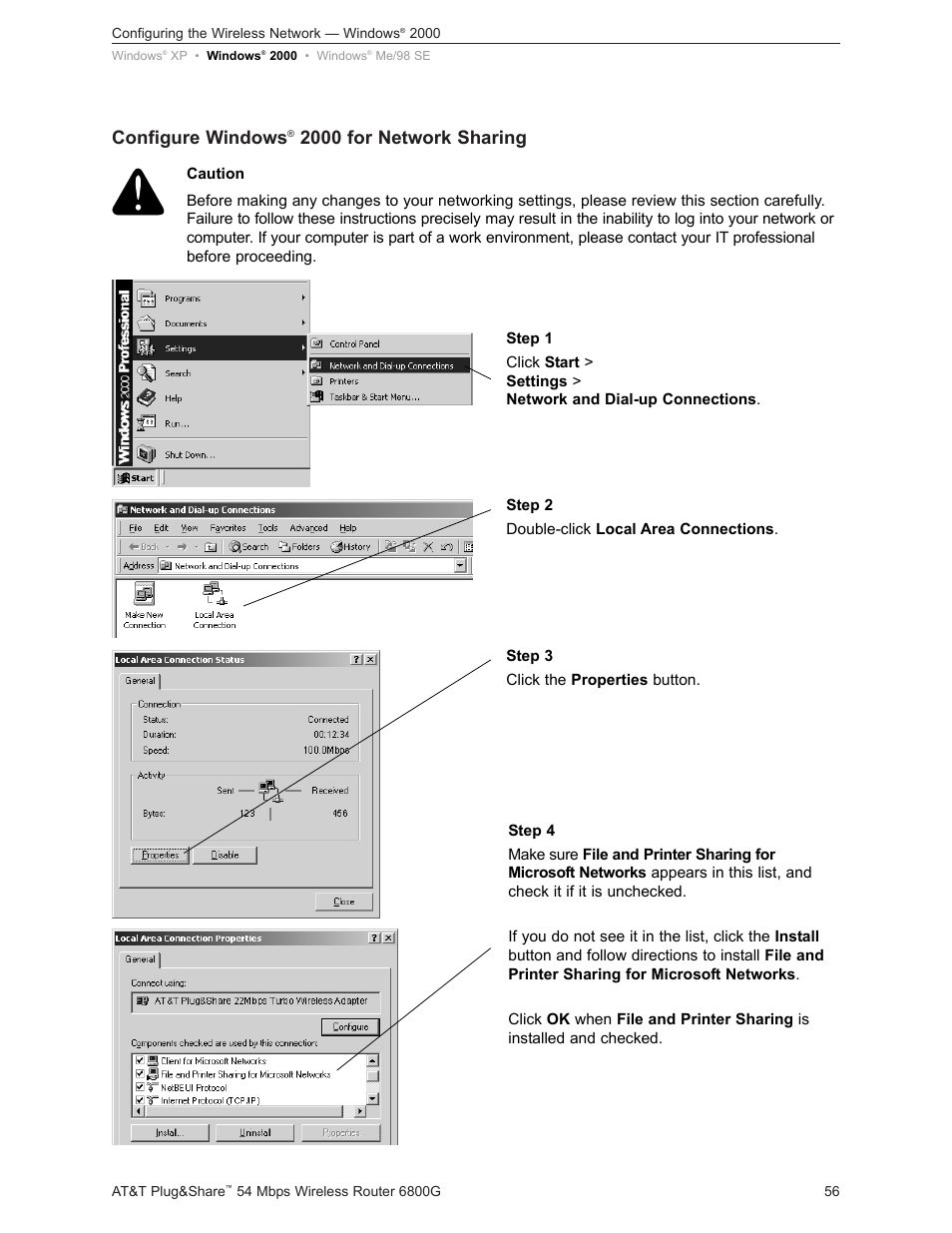 Configure windows, 2000 for network sharing | AT&T Plug&Share 6800G User Manual | Page 56 / 77
