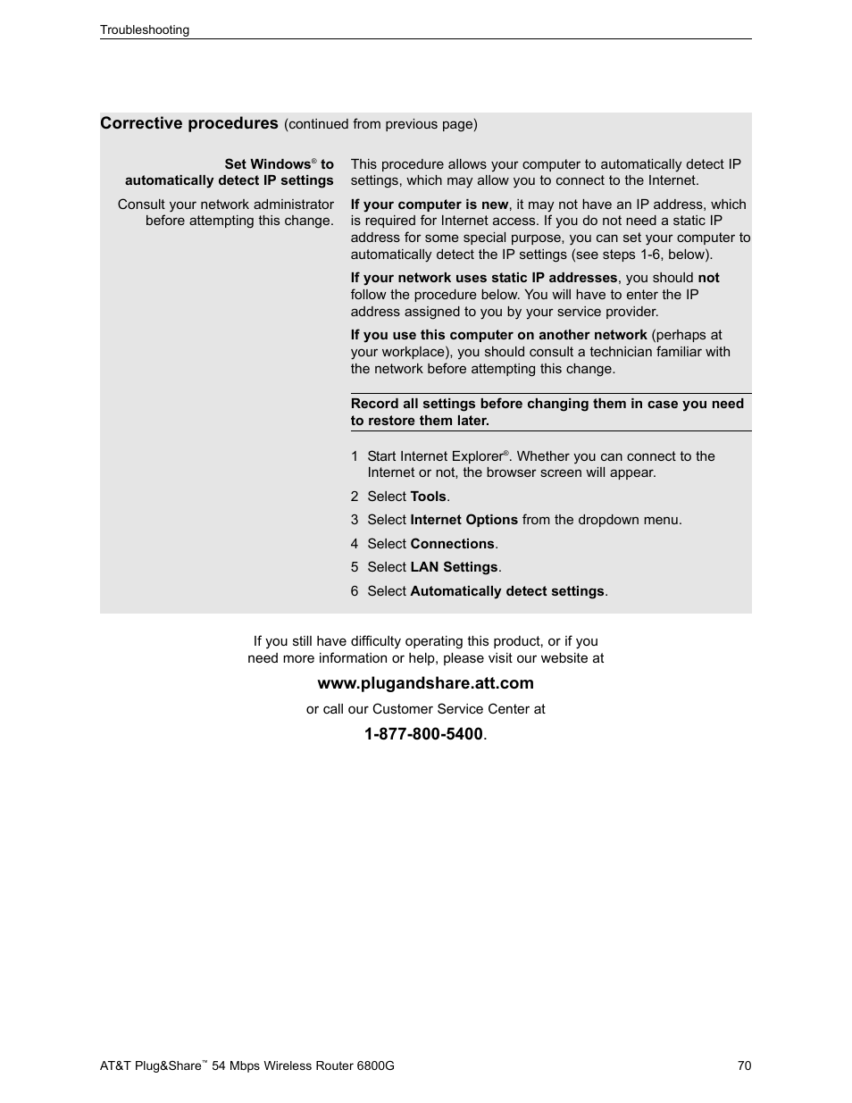 Corrective procedures | AT&T Plug&Share 6800G User Manual | Page 70 / 77